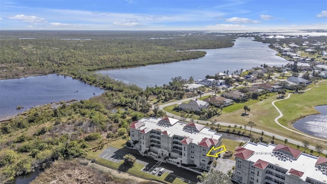 bird's eye view with a water view