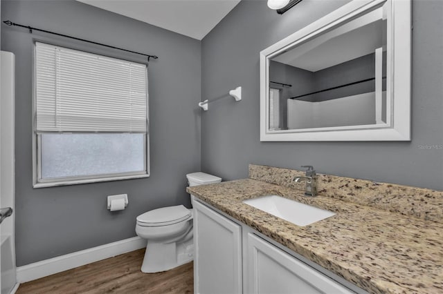 bathroom featuring vanity, hardwood / wood-style flooring, toilet, and walk in shower