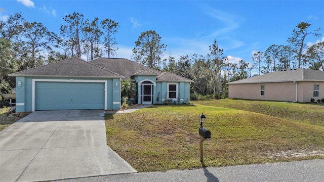 single story home featuring a garage and a front lawn