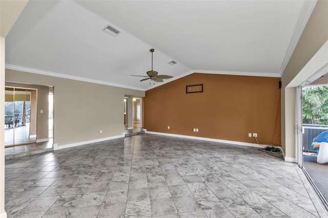 unfurnished living room with ornamental molding, ceiling fan, and lofted ceiling