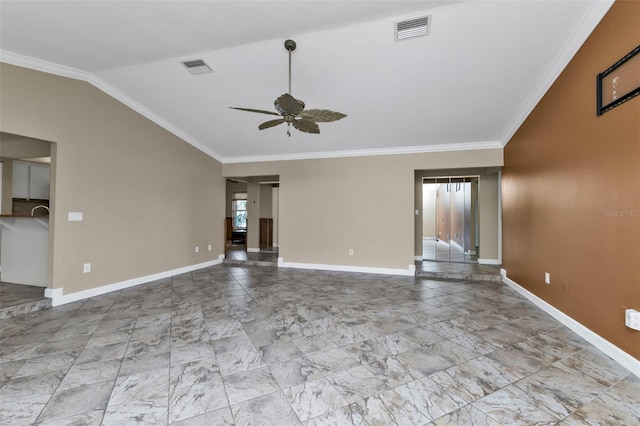 unfurnished living room featuring ceiling fan, vaulted ceiling, and ornamental molding