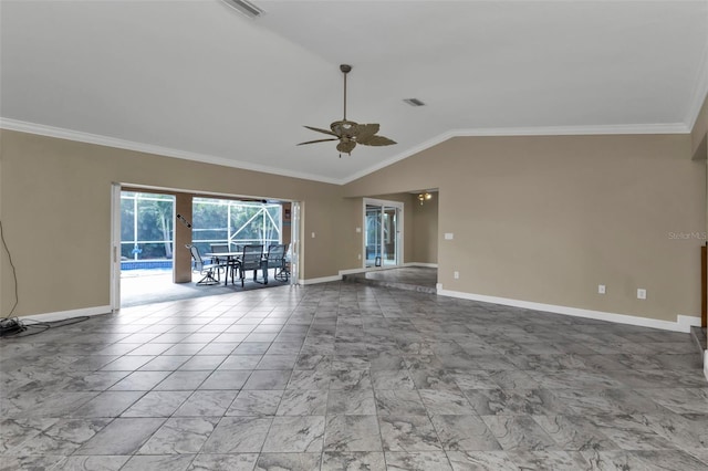 unfurnished room with ceiling fan, crown molding, and vaulted ceiling