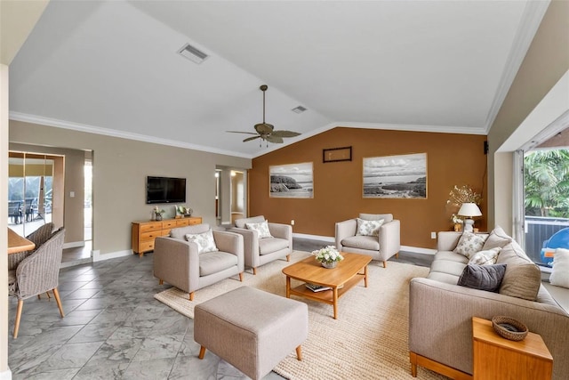 23309 Hartley Ave, Port Charlotte, FL 33954 - living area with ornamental molding, visible vents, a ceiling fan, and lofted ceiling