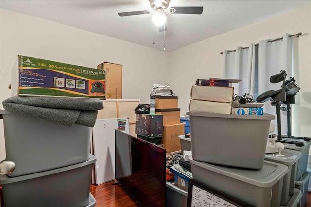 office space with wood-type flooring and ceiling fan