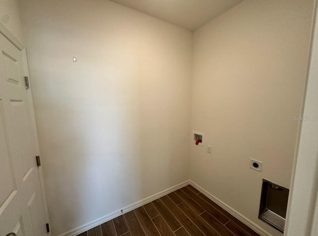 washroom with laundry area, washer hookup, baseboards, wood tiled floor, and electric dryer hookup