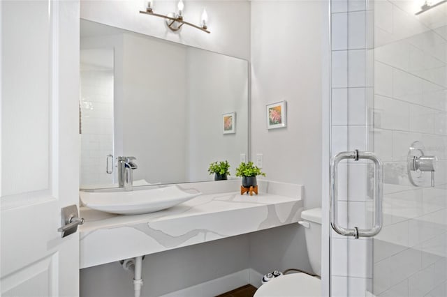 bathroom featuring vanity, toilet, and a shower with shower door