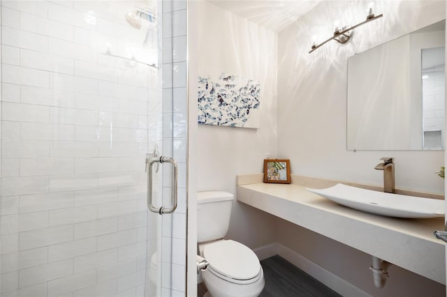 bathroom featuring sink, a shower with shower door, and toilet