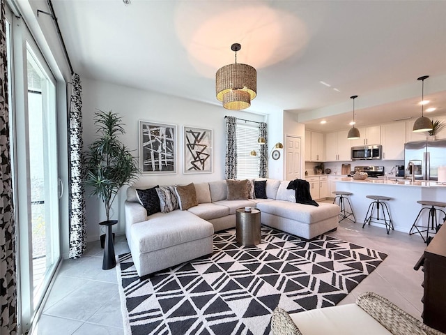 living area with light tile patterned flooring