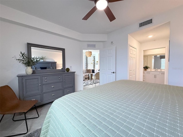 bedroom with a sink, ceiling fan, ensuite bath, and visible vents