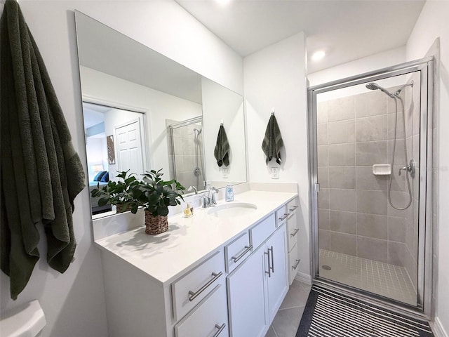 full bath with tile patterned flooring, a shower stall, and vanity