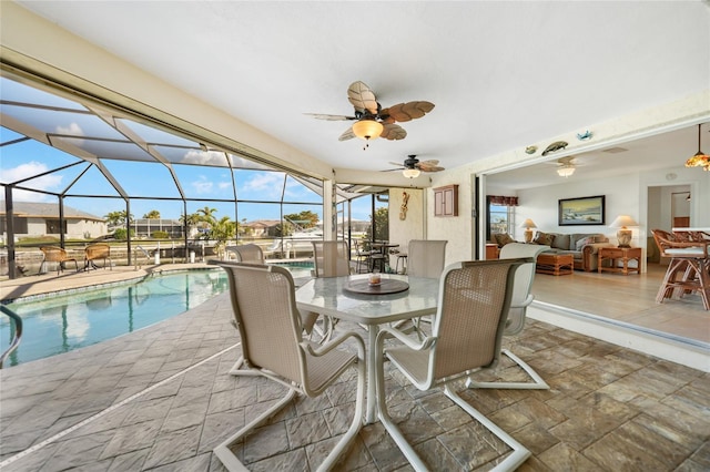 interior space featuring ceiling fan