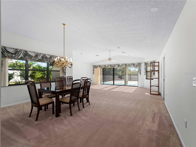 1946 Cove Pointe Dr, Venice, FL 34293 - carpeted dining room with lofted ceiling, a textured ceiling, a chandelier, and a ceiling fan