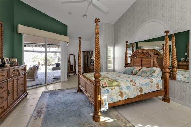 bedroom with access to exterior, ceiling fan, light tile patterned floors, and multiple windows