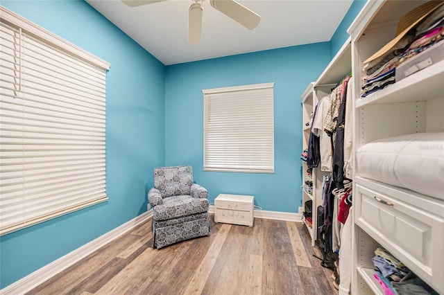 interior space featuring ceiling fan and hardwood / wood-style flooring