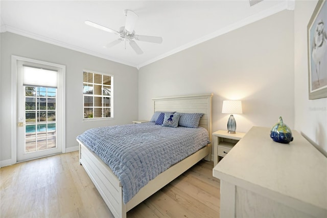 bedroom with ceiling fan, ornamental molding, and light wood-type flooring