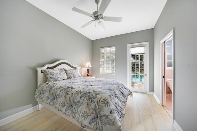 bedroom with light wood-type flooring, access to outside, and ceiling fan