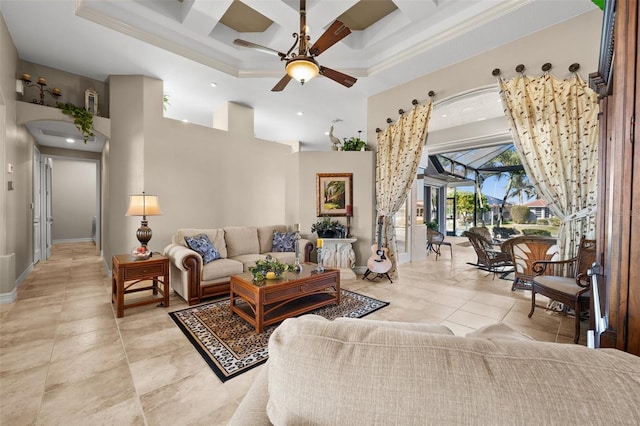 living room featuring a towering ceiling, crown molding, ceiling fan, and coffered ceiling