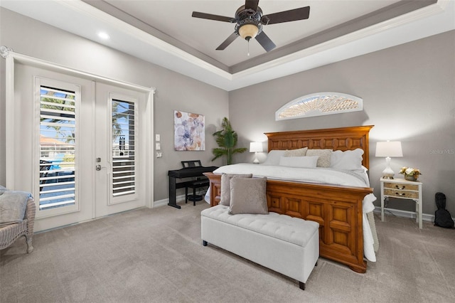 bedroom featuring access to outside, ceiling fan, french doors, and light carpet