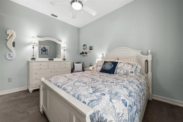 bedroom featuring dark colored carpet and ceiling fan