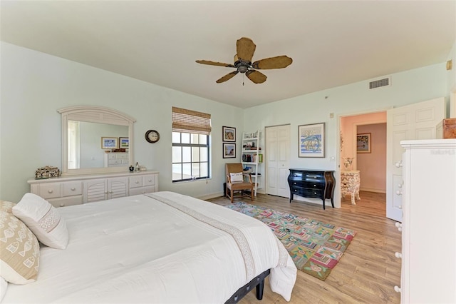 bedroom featuring ceiling fan and light hardwood / wood-style floors