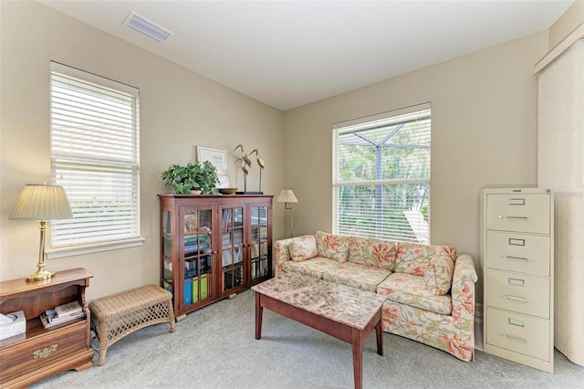 living area featuring carpet flooring