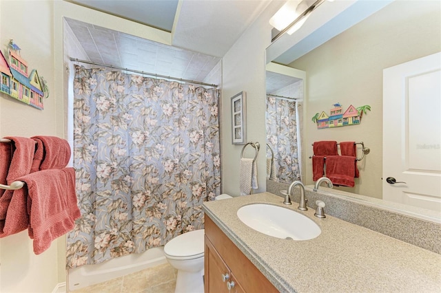 full bathroom with tile patterned flooring, vanity, shower / bath combo, and toilet