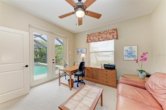 office space featuring french doors and ceiling fan