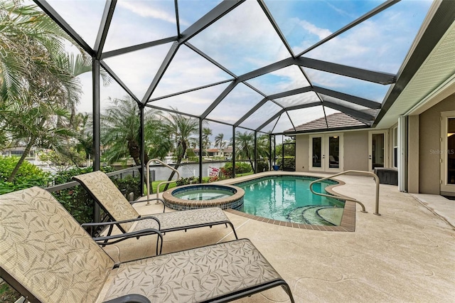 view of swimming pool with french doors, a lanai, an in ground hot tub, a water view, and a patio