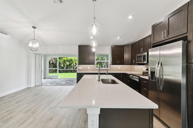 kitchen with hanging light fixtures, an island with sink, light wood-type flooring, and appliances with stainless steel finishes