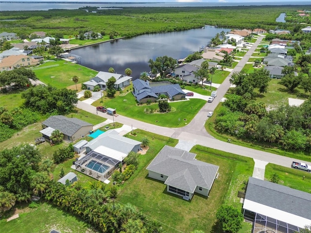 aerial view featuring a water view