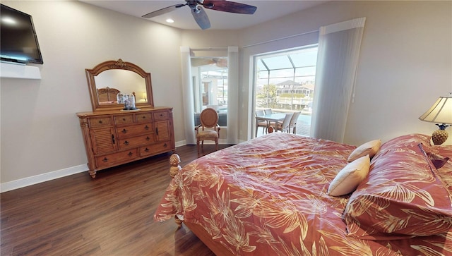 bedroom featuring ceiling fan and dark hardwood / wood-style floors