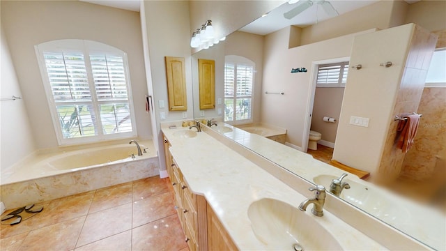 bathroom with a bathing tub, vanity, toilet, and a wealth of natural light