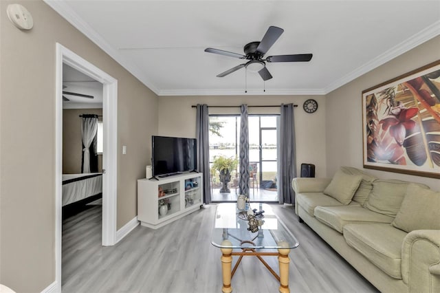 living room featuring ceiling fan, ornamental molding, and light wood-type flooring