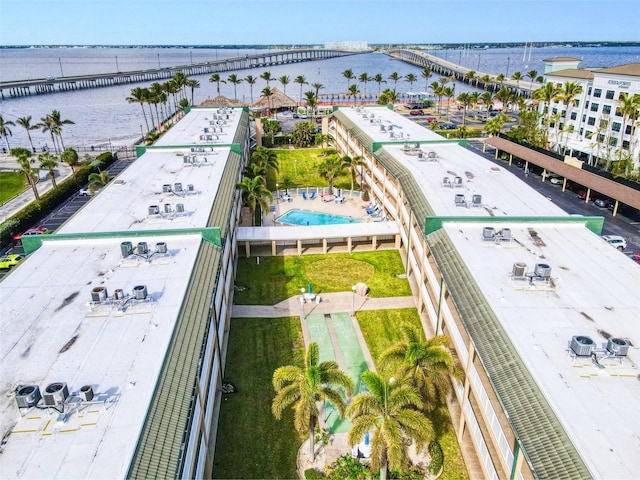 birds eye view of property featuring a water view