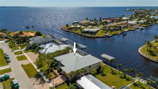 aerial view featuring a water view