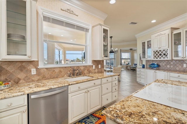 kitchen with sink, white electric cooktop, ornamental molding, dishwasher, and decorative backsplash