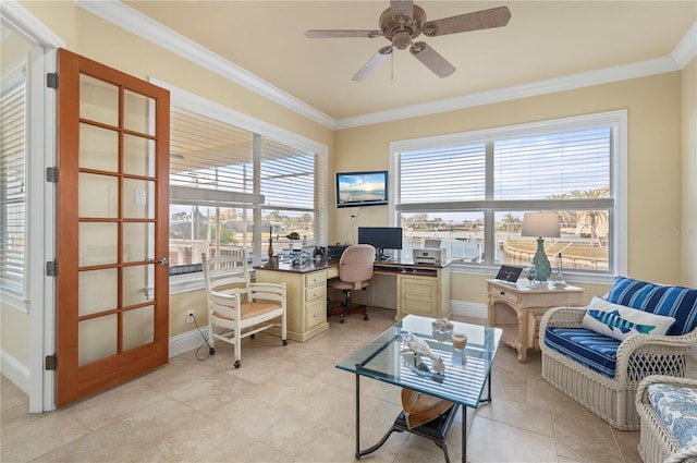 4431 Gardner Dr, Port Charlotte, FL 33952 - office space featuring ornamental molding, ceiling fan, and light tile patterned floors