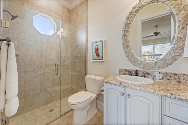 4431 Gardner Dr, Port Charlotte, FL 33952 - bathroom featuring vanity, a stall shower, ceiling fan, and crown molding