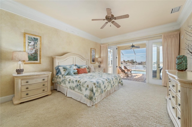 4431 Gardner Dr, Port Charlotte, FL 33952 - bedroom with access to exterior, crown molding, light colored carpet, a water view, and a ceiling fan