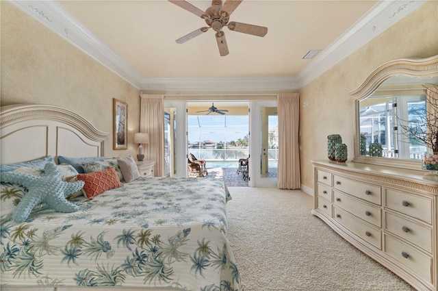 4431 Gardner Dr, Port Charlotte, FL 33952 - carpeted bedroom featuring access to outside, crown molding, multiple windows, and a ceiling fan
