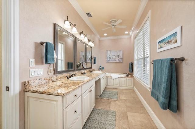 4431 Gardner Dr, Port Charlotte, FL 33952 - full bathroom featuring ceiling fan, double vanity, plenty of natural light, a bath, and crown molding