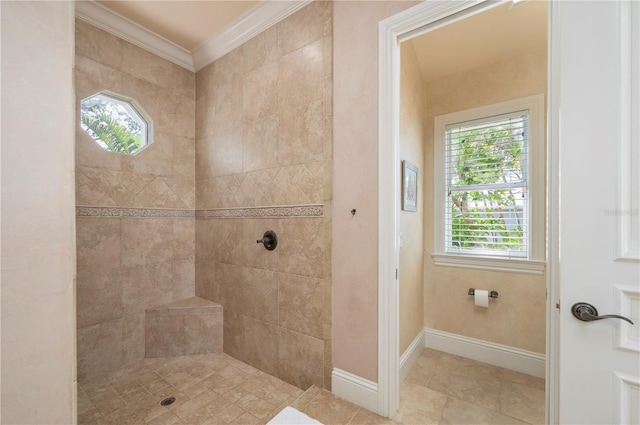4431 Gardner Dr, Port Charlotte, FL 33952 - bathroom with healthy amount of natural light, a tile shower, crown molding, and tile patterned floors