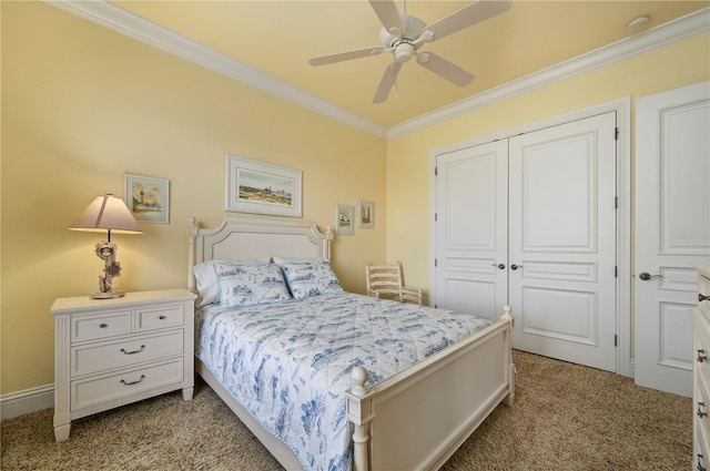 4431 Gardner Dr, Port Charlotte, FL 33952 - bedroom featuring light carpet, crown molding, a closet, and a ceiling fan