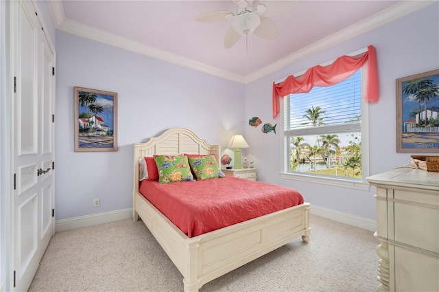 4431 Gardner Dr, Port Charlotte, FL 33952 - bedroom with crown molding, light colored carpet, and a ceiling fan