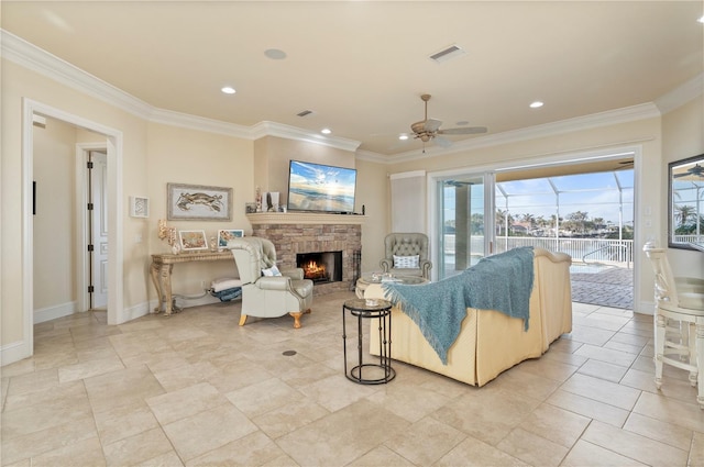 4431 Gardner Dr, Port Charlotte, FL 33952 - living room with a sunroom, ceiling fan, ornamental molding, a fireplace, and recessed lighting