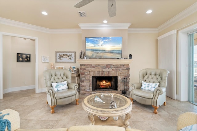 4431 Gardner Dr, Port Charlotte, FL 33952 - living room with ornamental molding, a stone fireplace, recessed lighting, and a ceiling fan