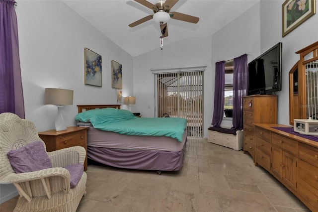 bedroom featuring ceiling fan and lofted ceiling