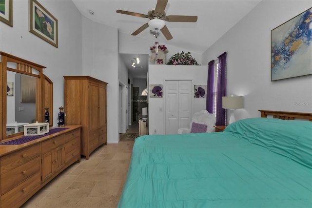 bedroom featuring ceiling fan, high vaulted ceiling, and a closet