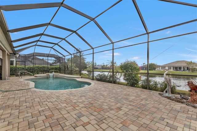 view of pool featuring a lanai, a patio, and a water view