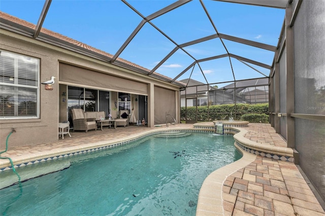 view of pool featuring a lanai, an outdoor living space, an in ground hot tub, and a patio